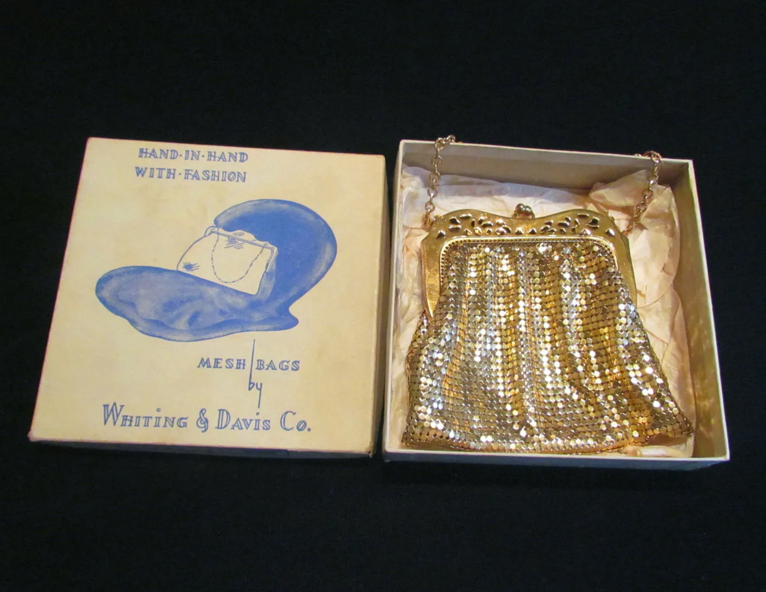 1940s Whiting & Davis Purse Gold Mesh Evening Bag Wedding Bridal Handbag Excellent Condition Boxed