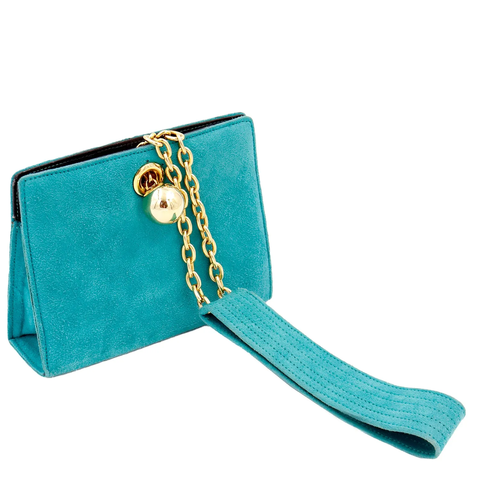 1980s Jean Claude Jitrois Green Suede Wristlet Bag W Gold Chains