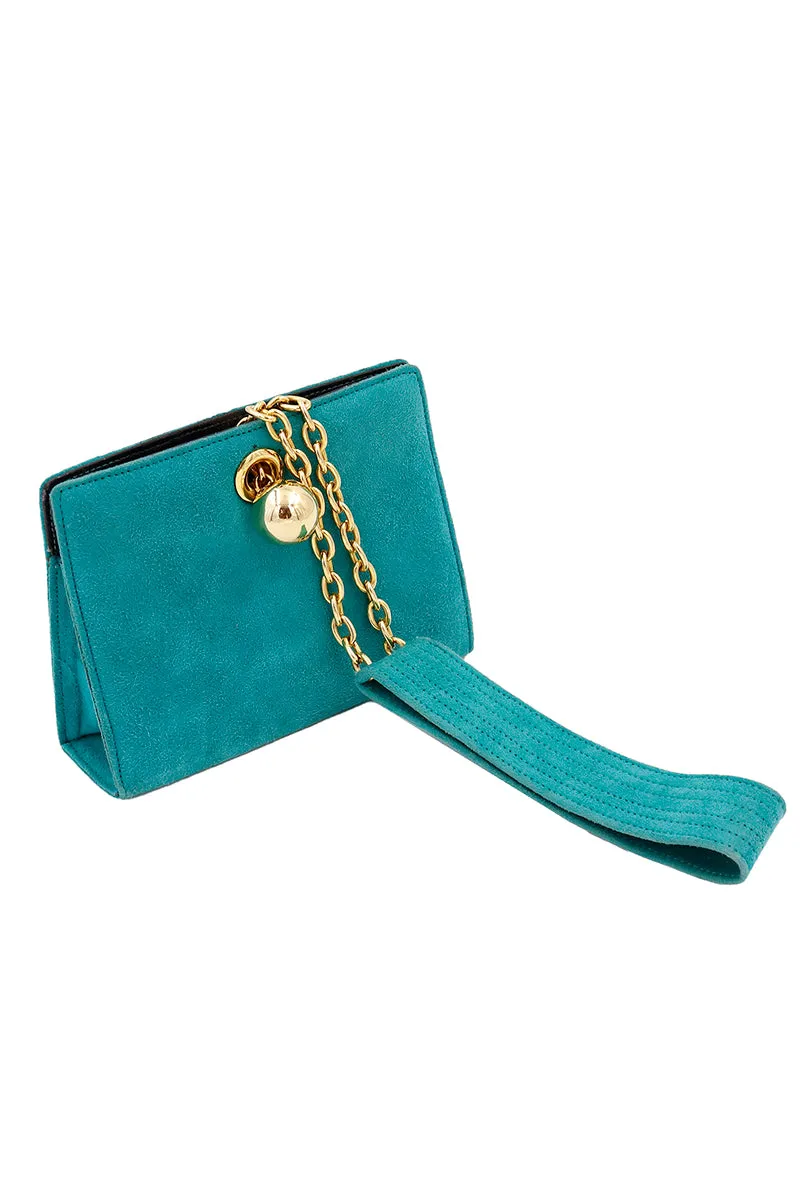 1980s Jean Claude Jitrois Green Suede Wristlet Bag W Gold Chains