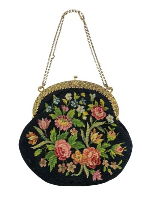 20s Black Floral Petit Point Purse with Gold Repoussé Frame