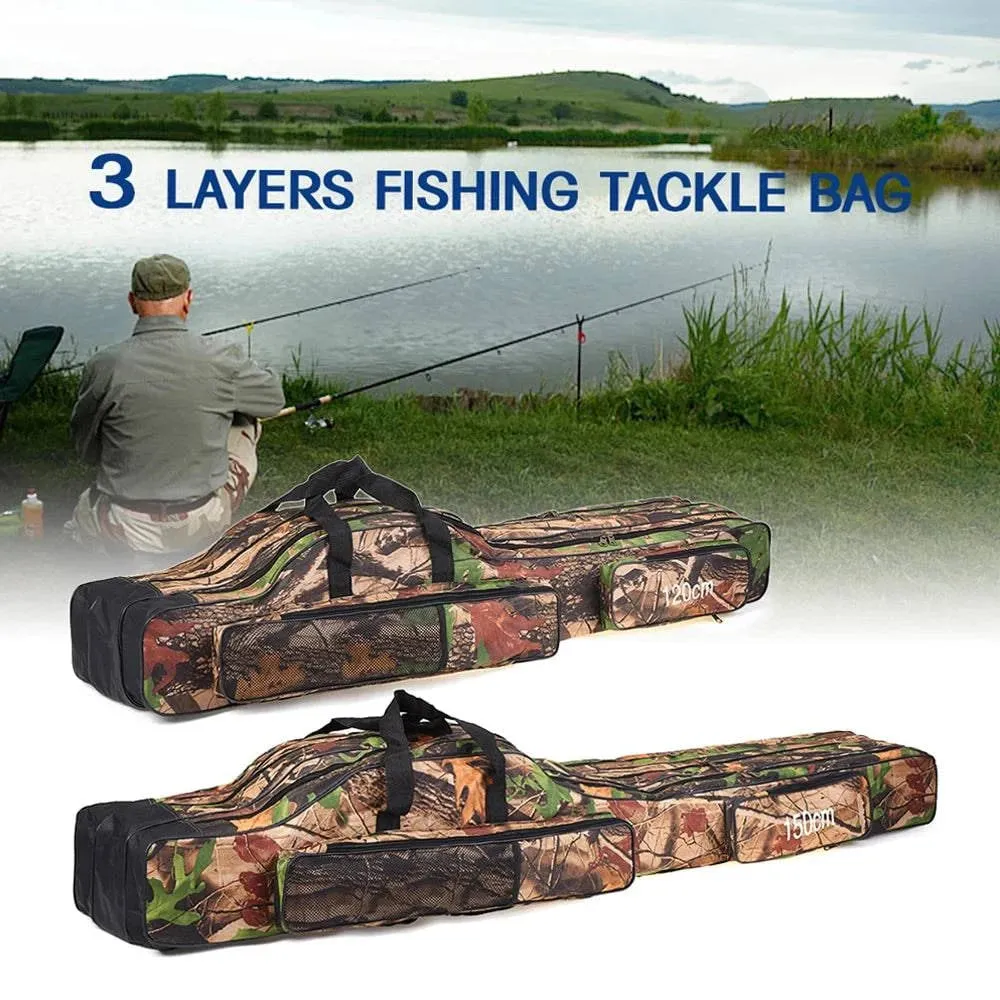 3 Layers Fishing Bag Portable Folding Fishing Rod Reel Bag Fishing Tackle Carry Bag Case Travel Storage Bag For Outdoor Fishing