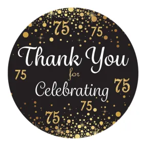 75th Birthday: Black & Gold - Adult Birthday - Thank You Stickers - 40 Stickers