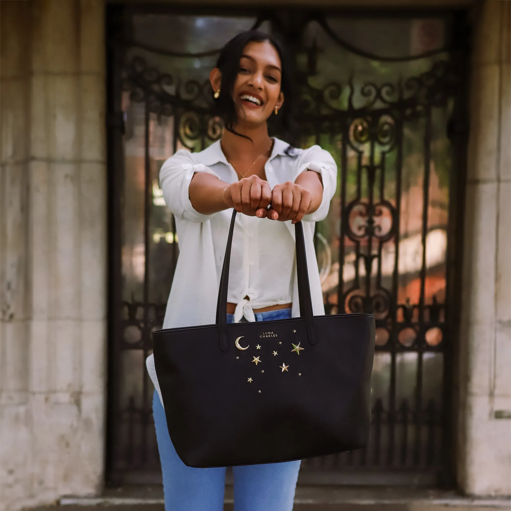 Anya Star Studded Tote Bag - Black & Gold