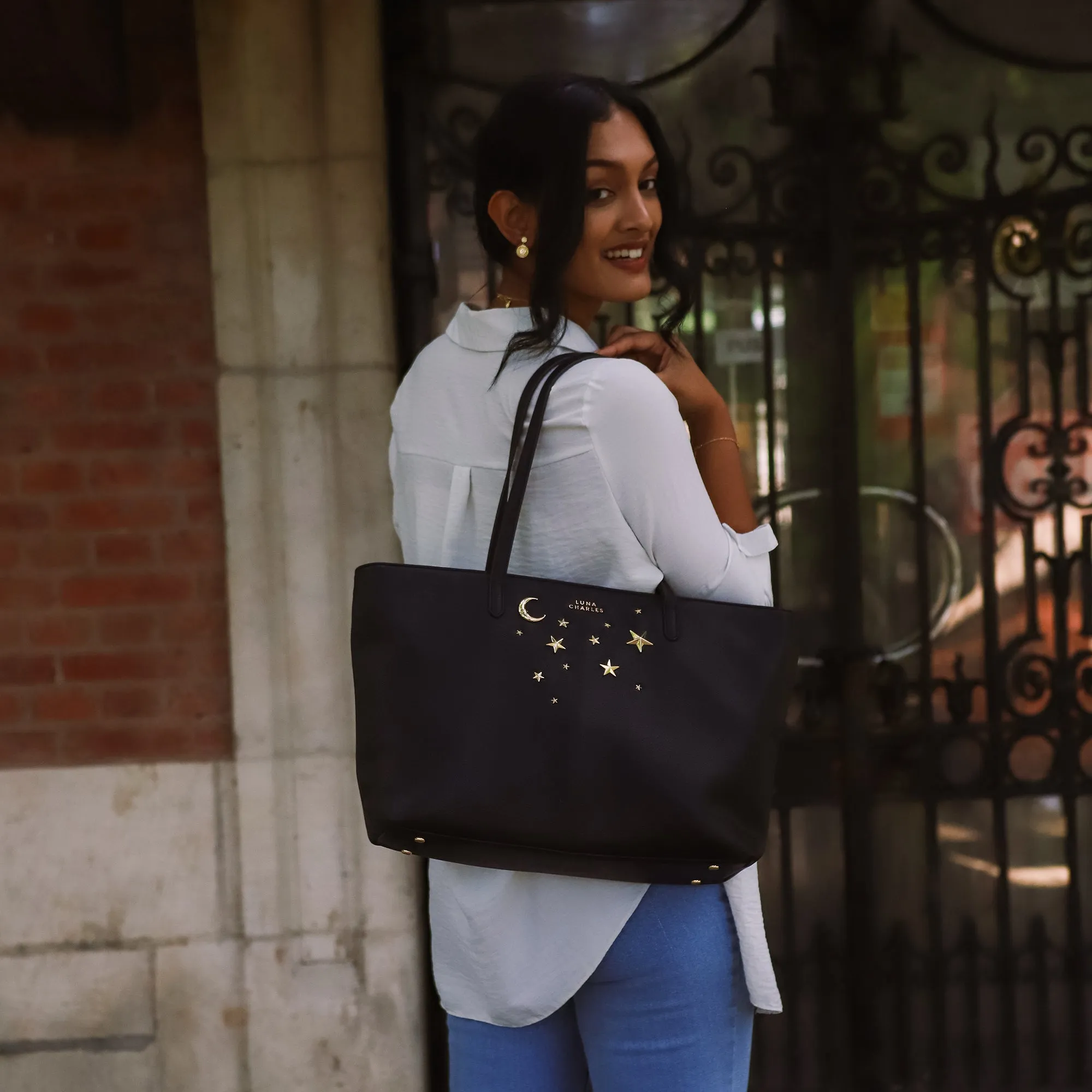 Anya Star Studded Tote Bag - Black & Gold