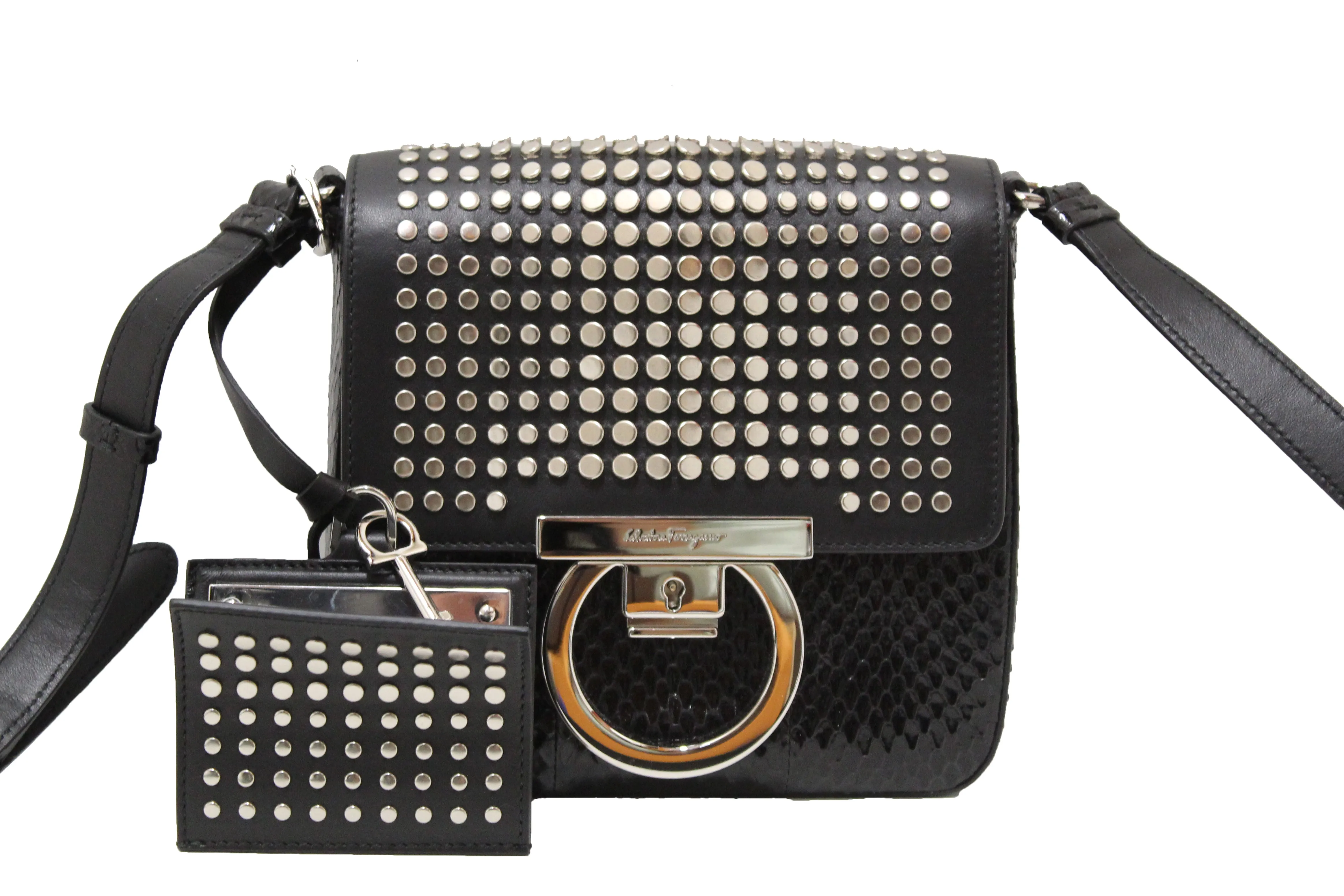 Athentic NEW Salvatore Ferragamo Gancini Lock Flap Studded Leather and Python Crossbody Bag