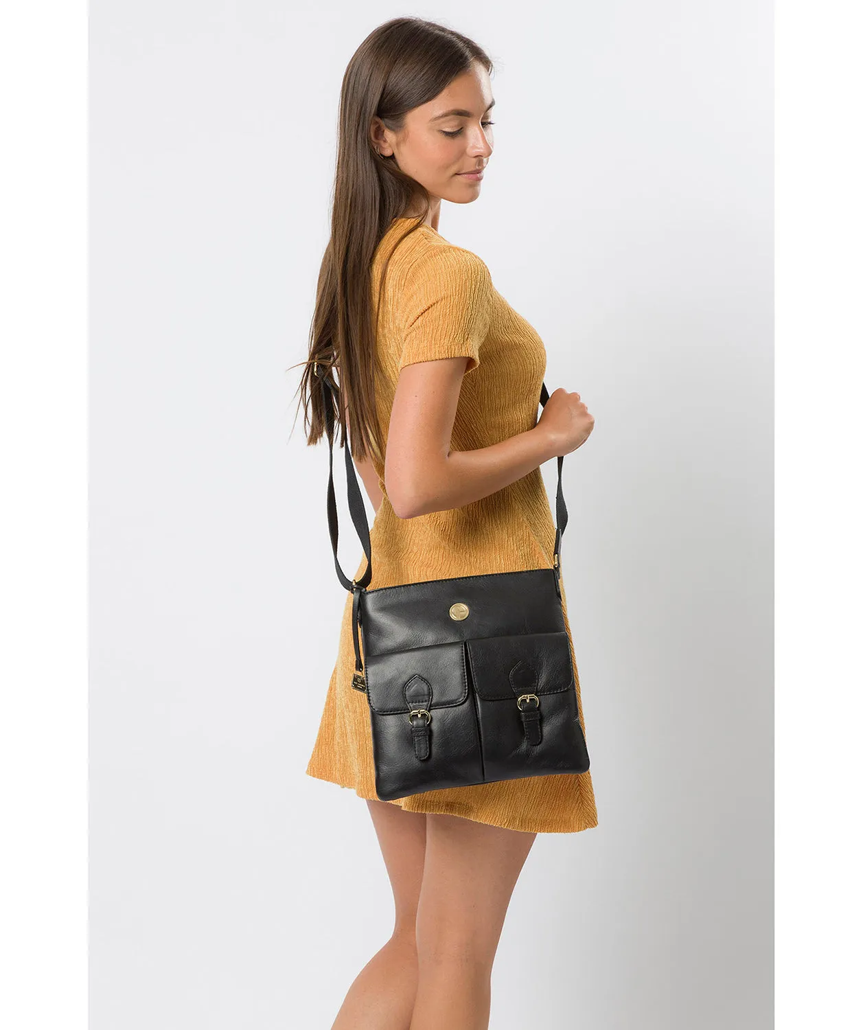 'Azalea' Jet Black Leather Cross Body Bag