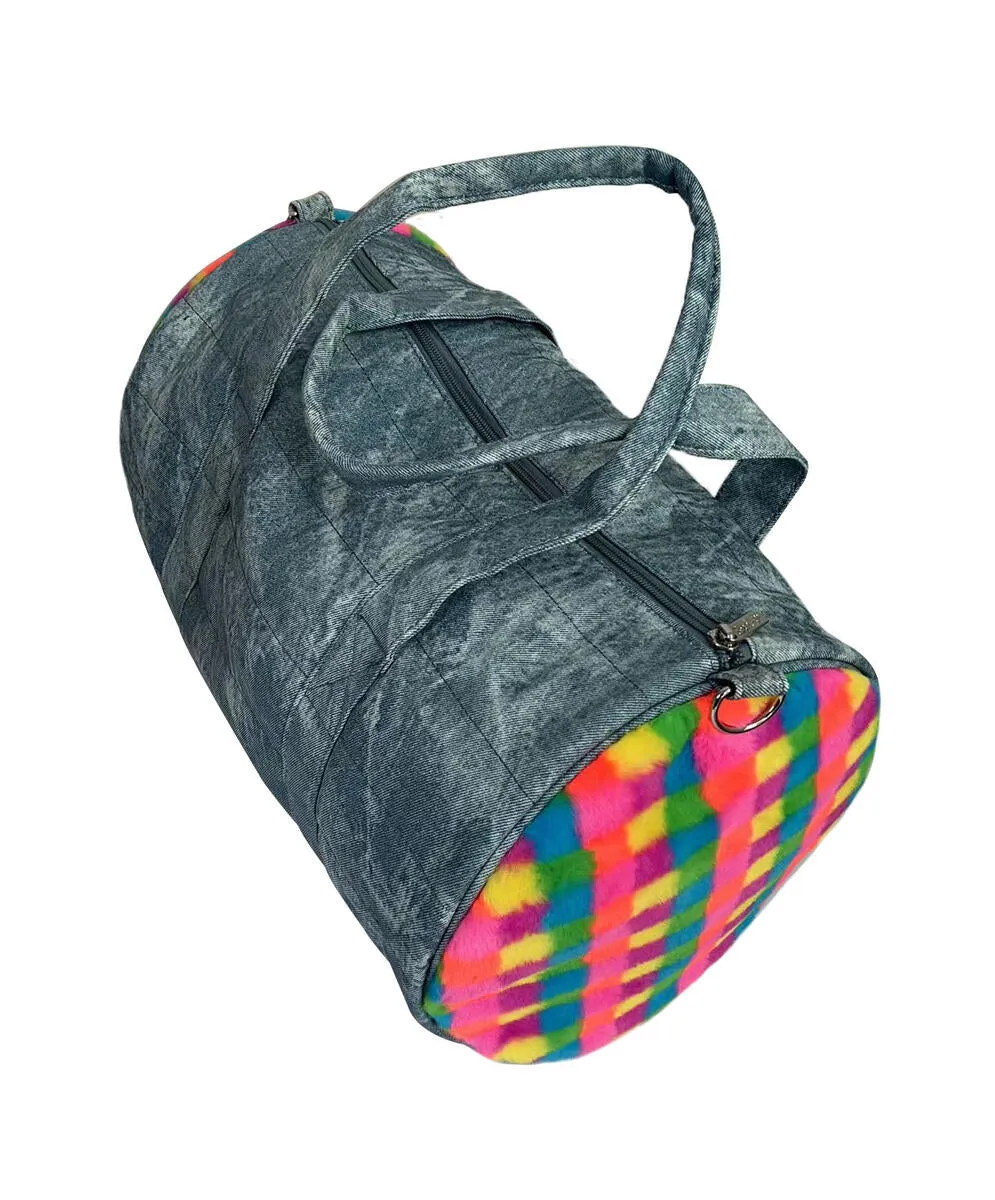 Bari Lynn Rainbow Plush Denim Duffle