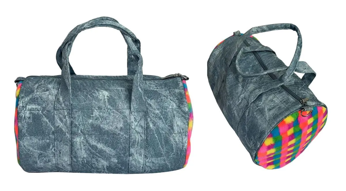 Bari Lynn Rainbow Plush Denim Duffle