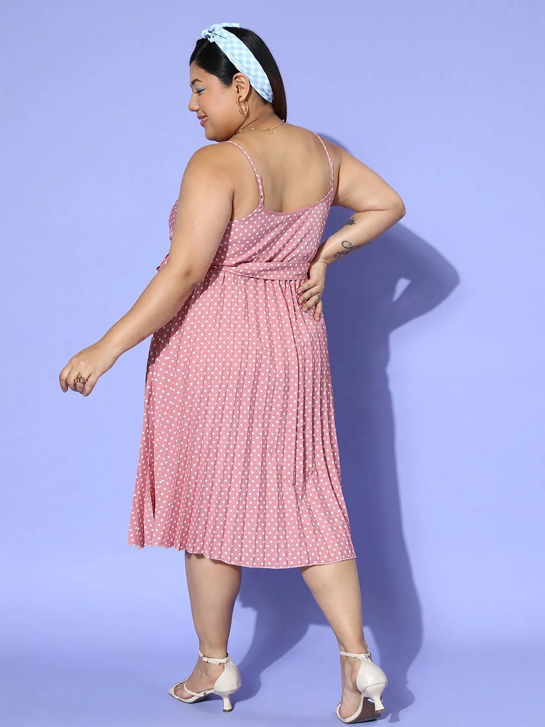 Berrylush Women Plus Size Pink & White Polka Dot Printed V-Neck Sleeveless Tie-Up Waist Pleated Fit & Flare Midi Dress