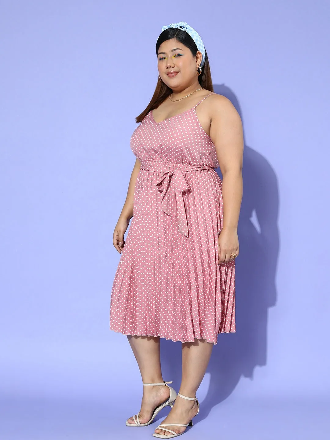 Berrylush Women Plus Size Pink & White Polka Dot Printed V-Neck Sleeveless Tie-Up Waist Pleated Fit & Flare Midi Dress