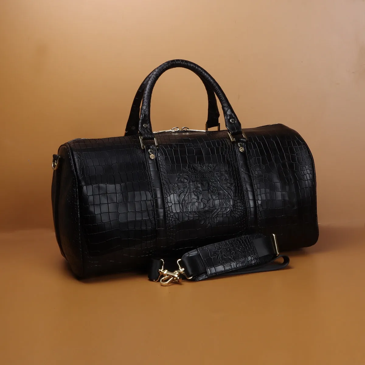 Black Croco Textured Leather Duffle Bag