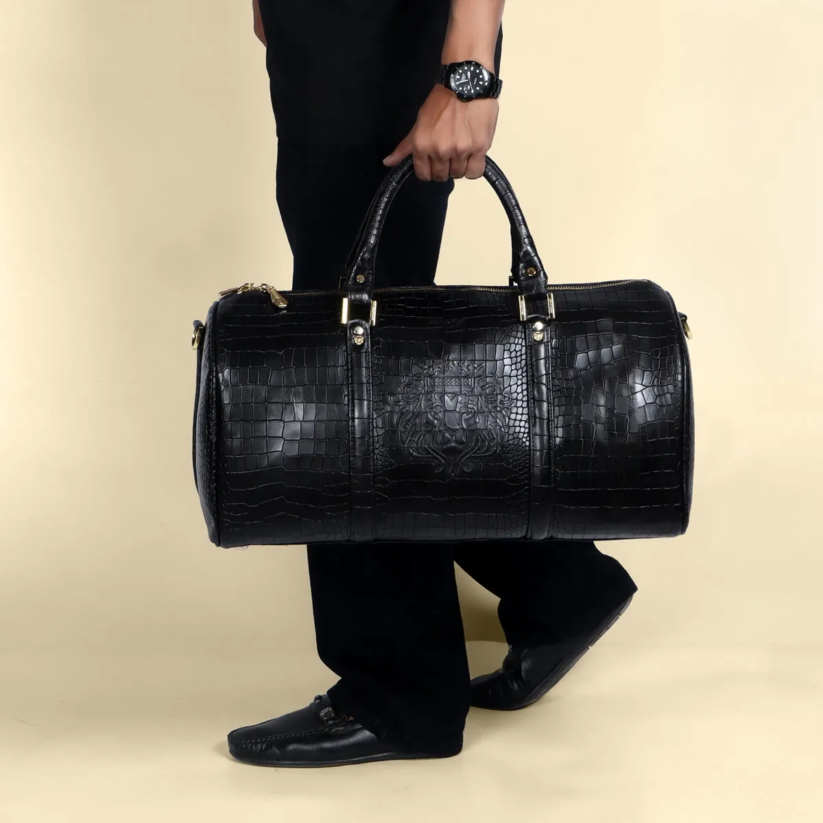 Black Croco Textured Leather Duffle Bag