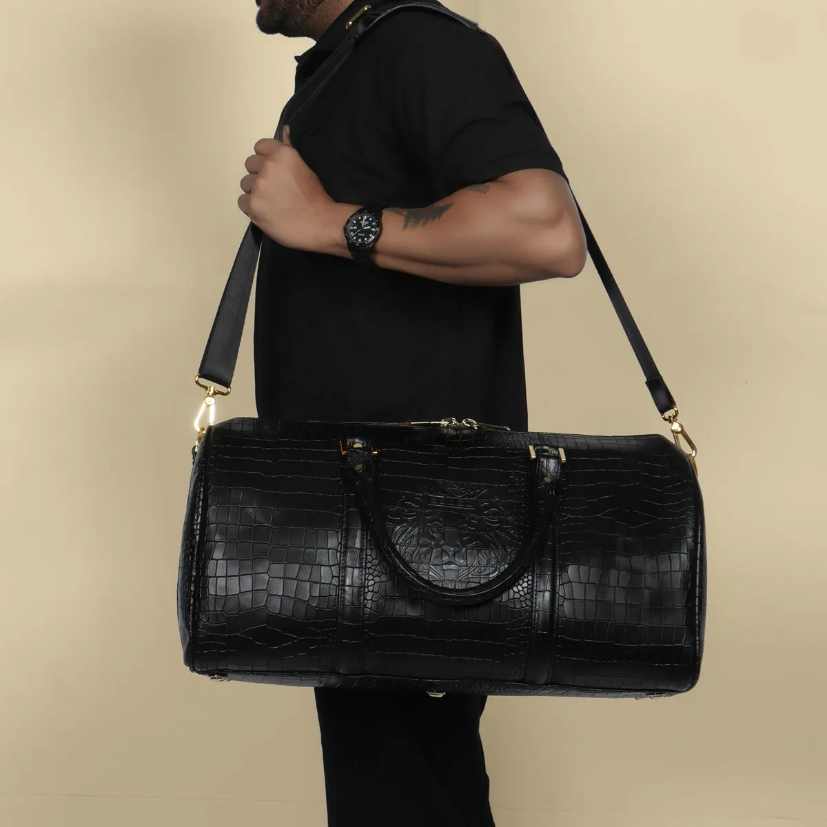 Black Croco Textured Leather Duffle Bag