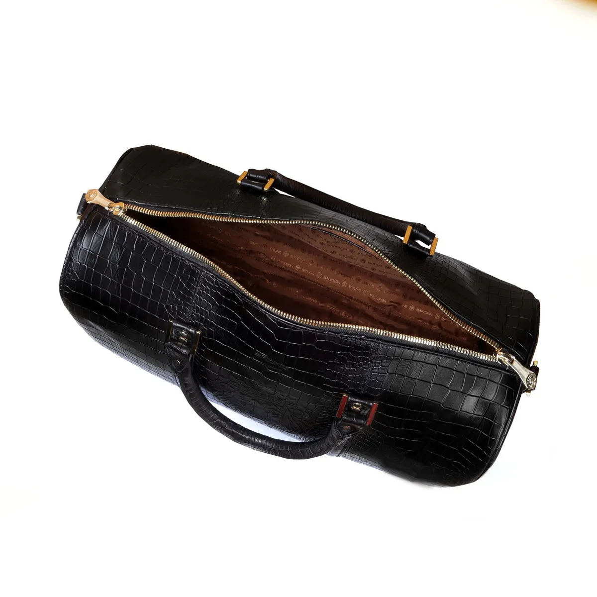 Black Croco Textured Leather Duffle Bag