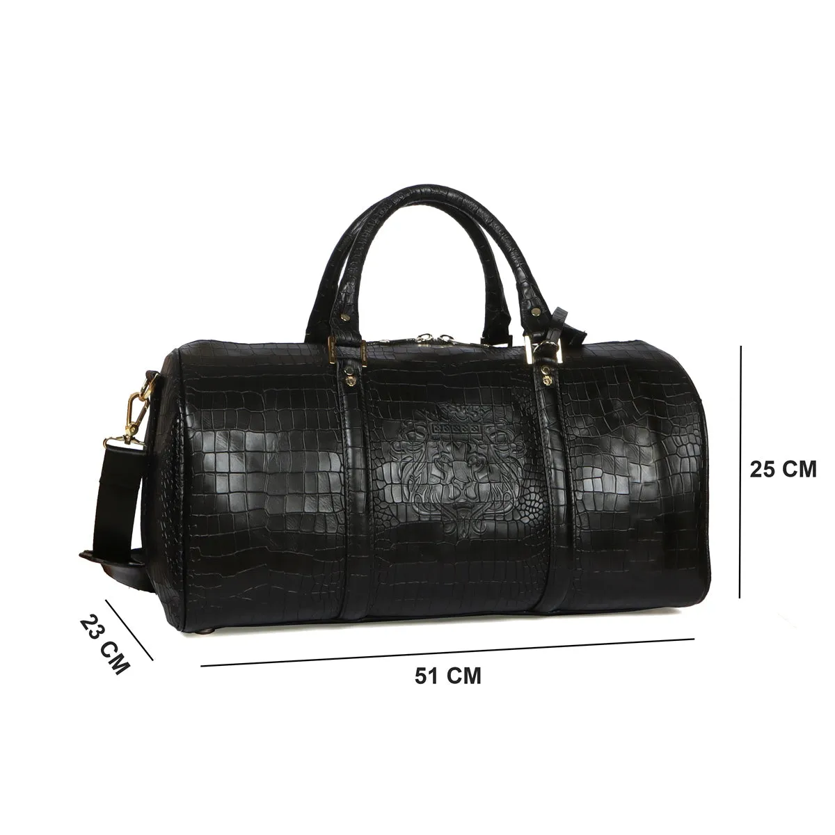 Black Croco Textured Leather Duffle Bag