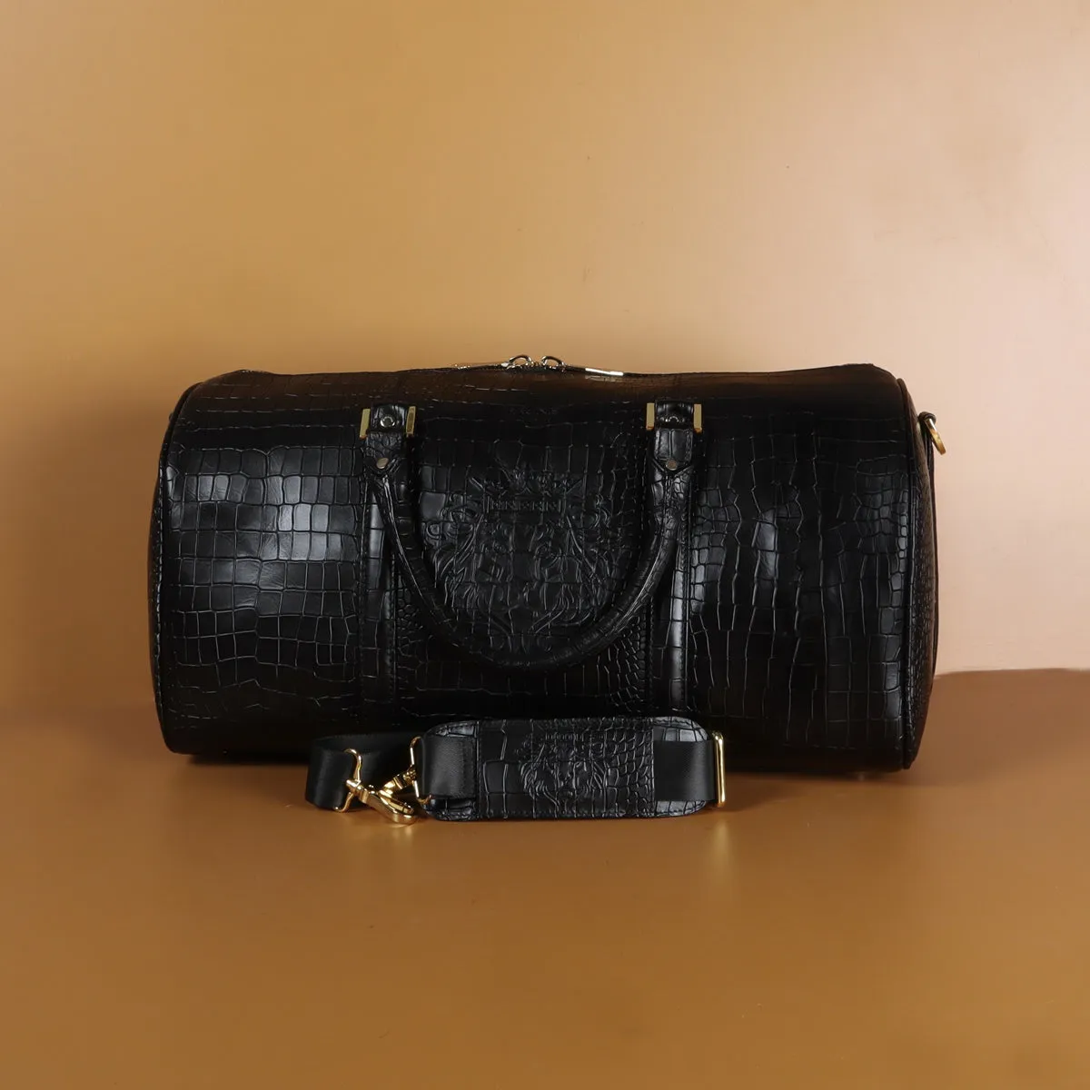 Black Croco Textured Leather Duffle Bag