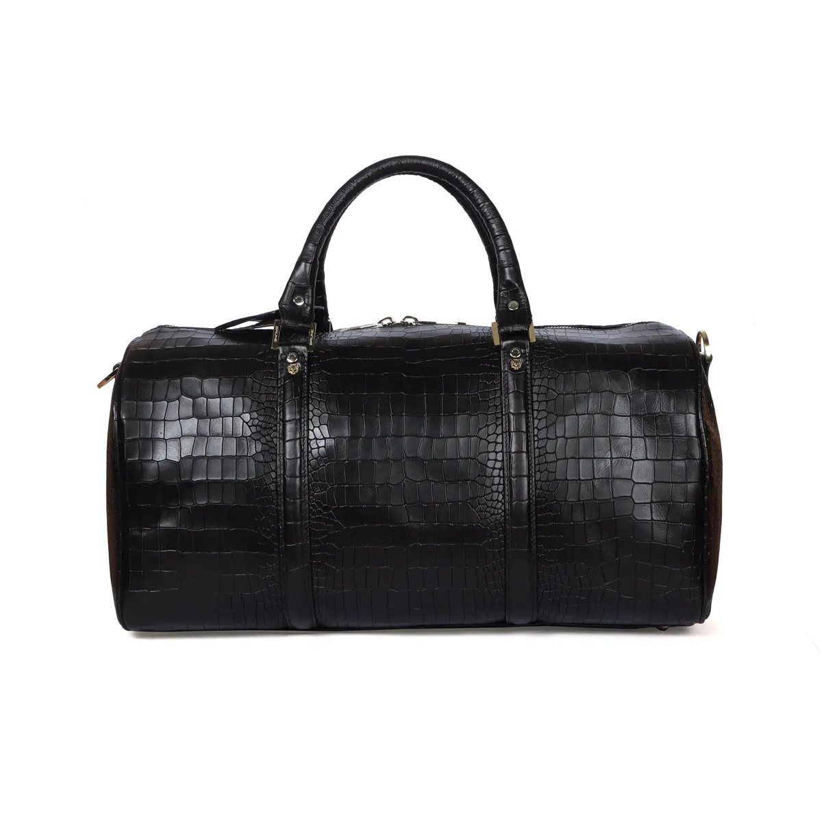 Black Croco Textured Leather Duffle Bag