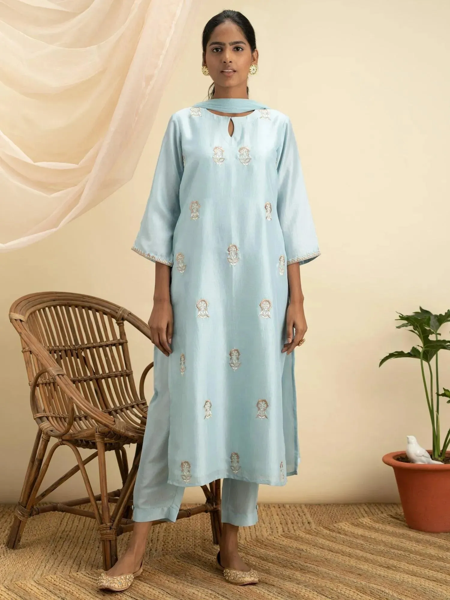 Blue Embroidered Silk Straight Kurta With Dupatta