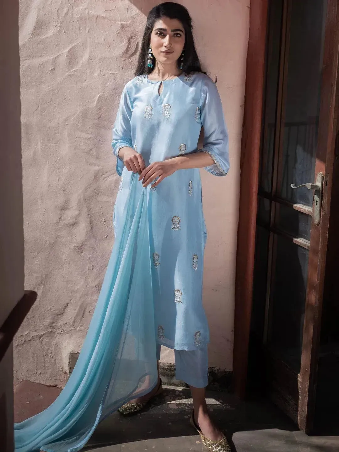 Blue Embroidered Silk Straight Kurta With Dupatta