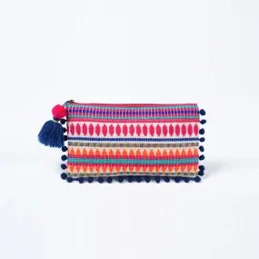 Boho multicolour pouch, Moroccan clutch with pompom lace