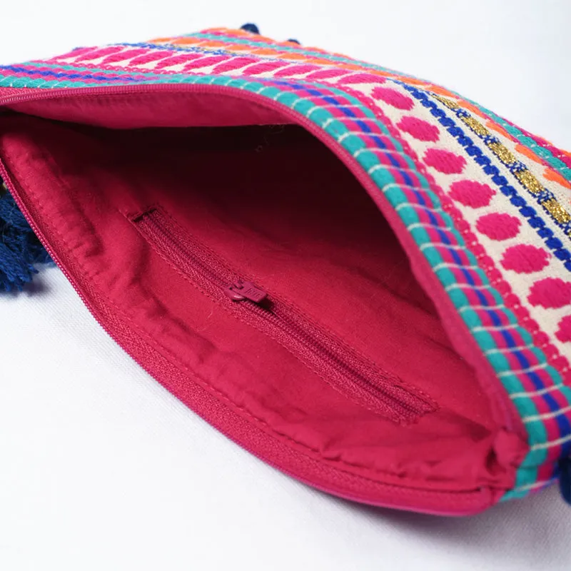 Boho multicolour pouch, Moroccan clutch with pompom lace