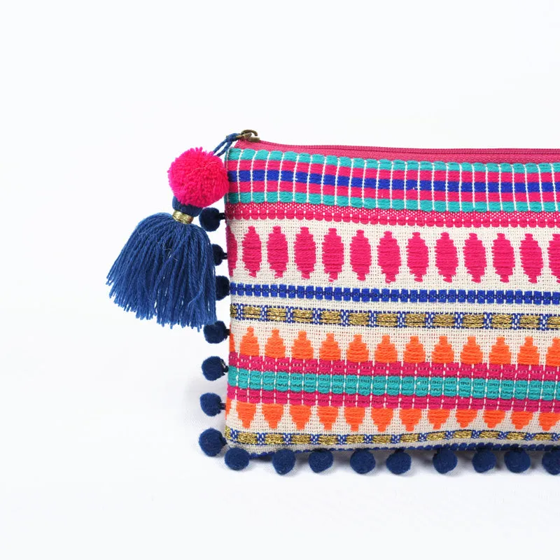 Boho multicolour pouch, Moroccan clutch with pompom lace