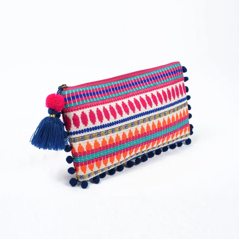 Boho multicolour pouch, Moroccan clutch with pompom lace