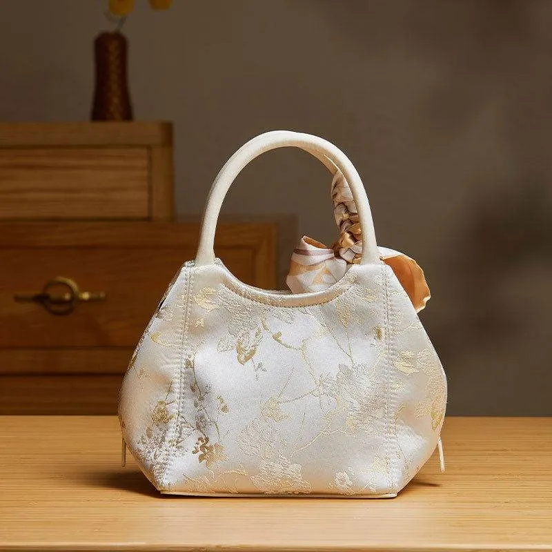 Brocade Silk Cute Bucket Bag Fenghuang Pattern Handbag