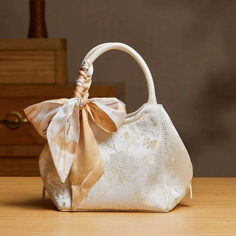 Brocade Silk Cute Bucket Bag Fenghuang Pattern Handbag