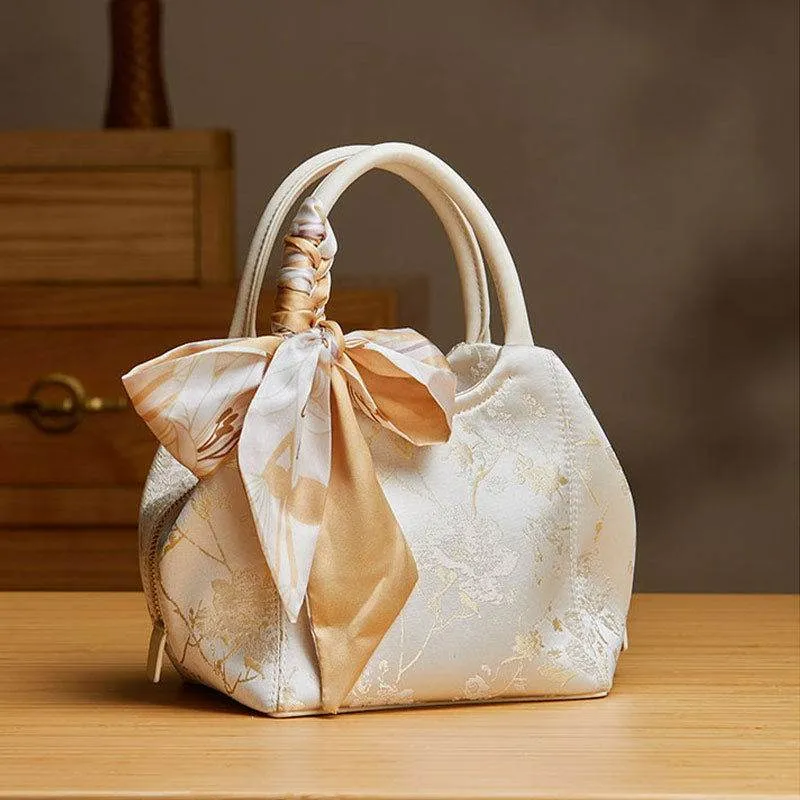 Brocade Silk Cute Bucket Bag Fenghuang Pattern Handbag