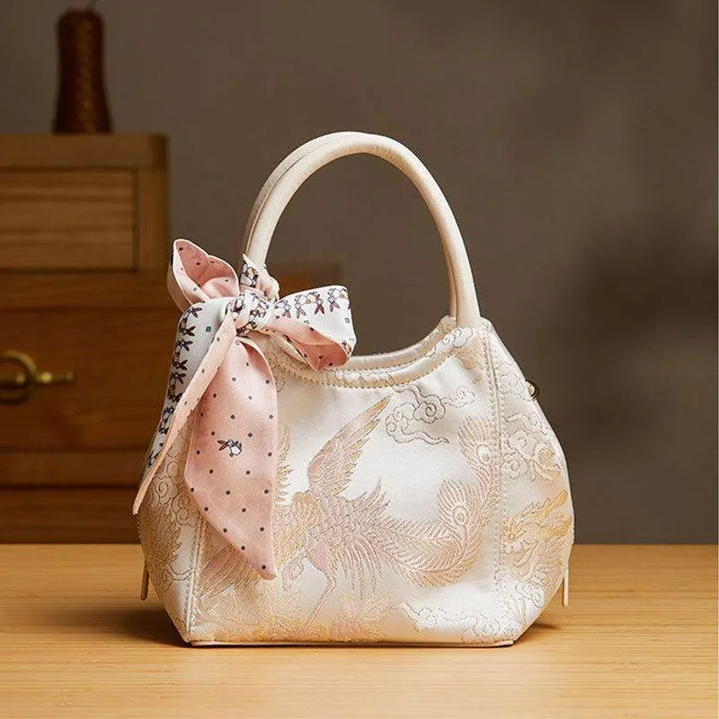 Brocade Silk Cute Pink Floral Bucket Bag Designer Handbag