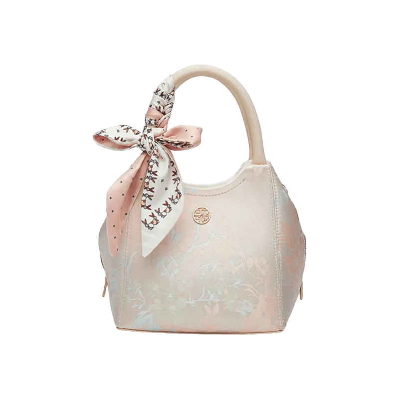 Brocade Silk Cute Pink Floral Bucket Bag Designer Handbag