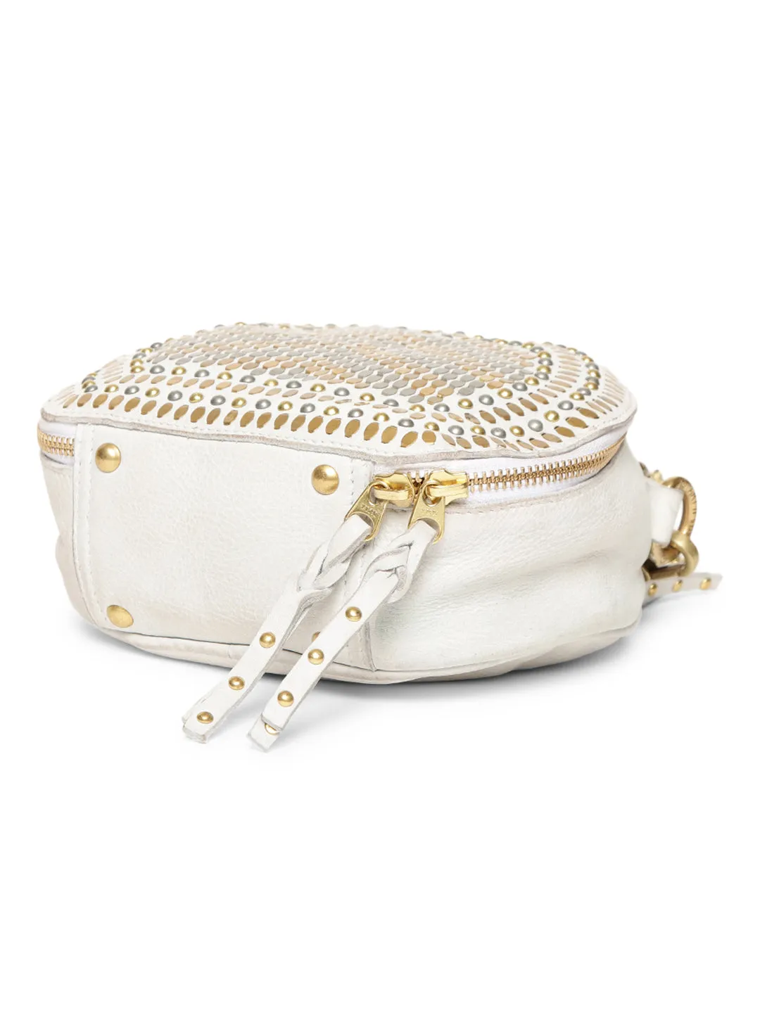 Chic Riveted Elegance: Opulent Lvory Leather Round Shape Crossbody with Chain Handle By Art N Vintage