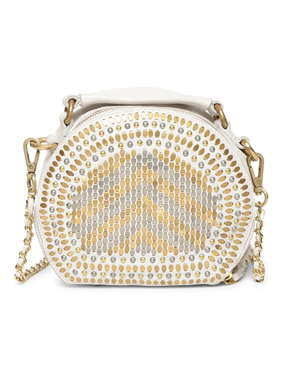 Chic Riveted Elegance: Opulent Lvory Leather Round Shape Crossbody with Chain Handle By Art N Vintage