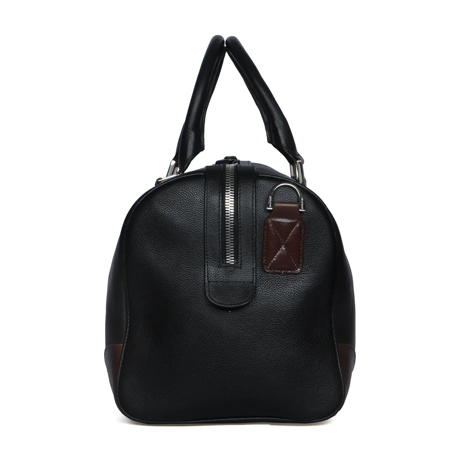 Contrasting Dark Brown Trims Black Textured Leather Duffle Bag With Removable Strap By Brune & Bareskin