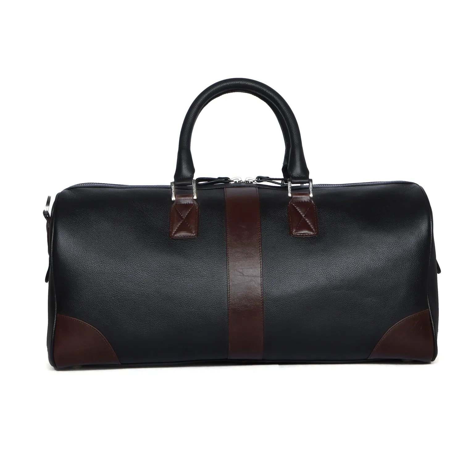 Contrasting Dark Brown Trims Black Textured Leather Duffle Bag With Removable Strap By Brune & Bareskin