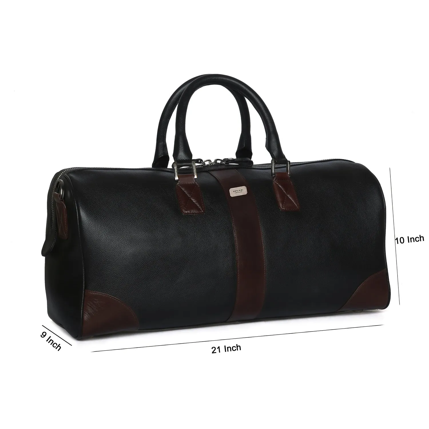 Contrasting Dark Brown Trims Black Textured Leather Duffle Bag With Removable Strap By Brune & Bareskin