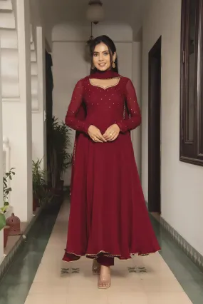 Dark Red Fully Flared Anarkali Set With Beautiful Sequins Work