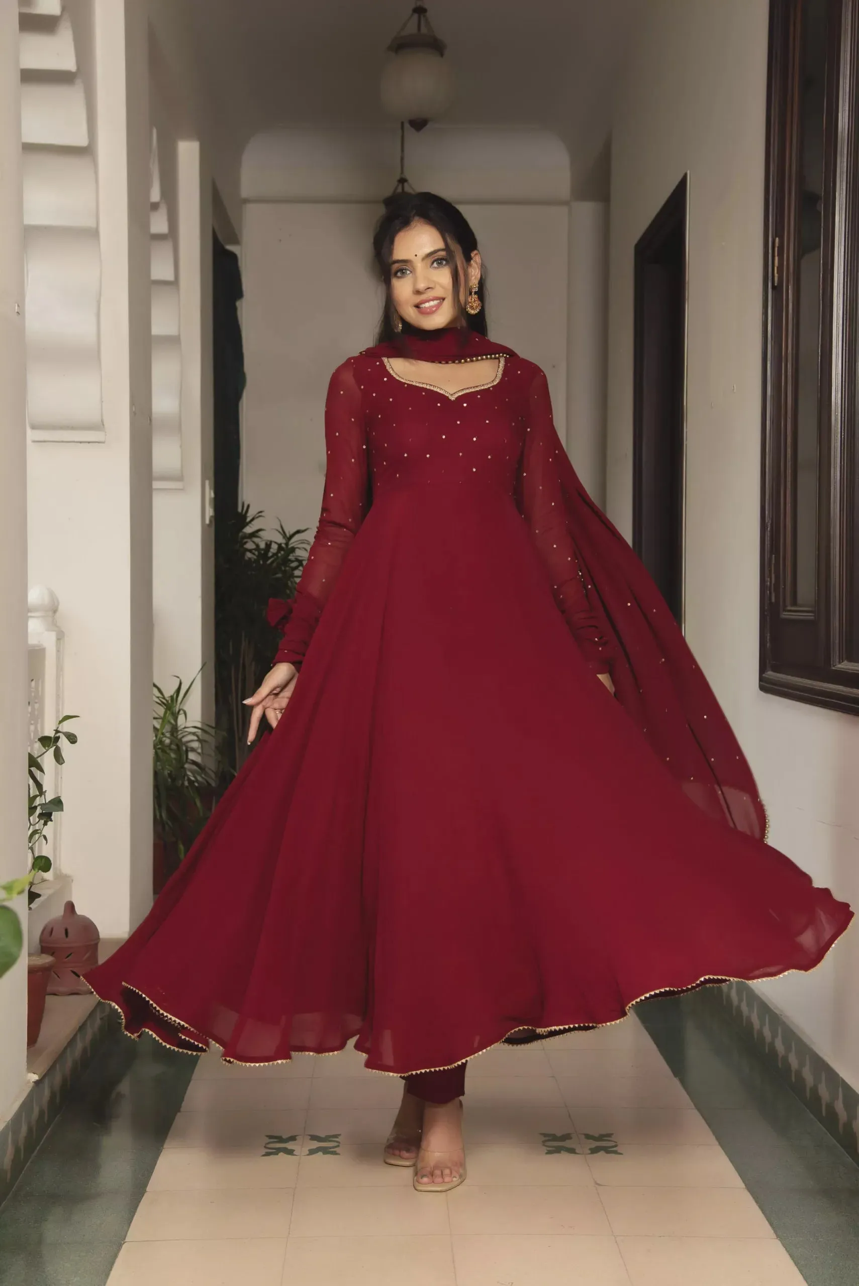 Dark Red Fully Flared Anarkali Set With Beautiful Sequins Work