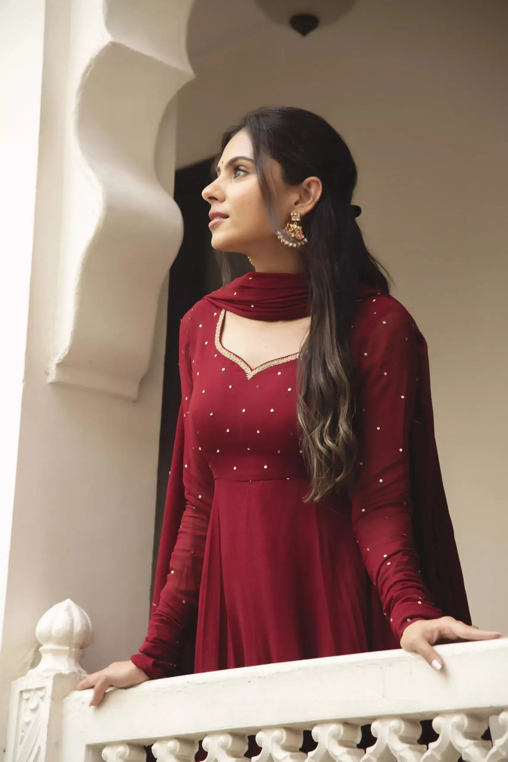 Dark Red Fully Flared Anarkali Set With Beautiful Sequins Work