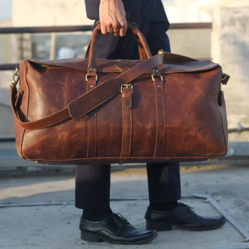 Dazzlo Leather Duffle Bag - Dark Brown - 24"