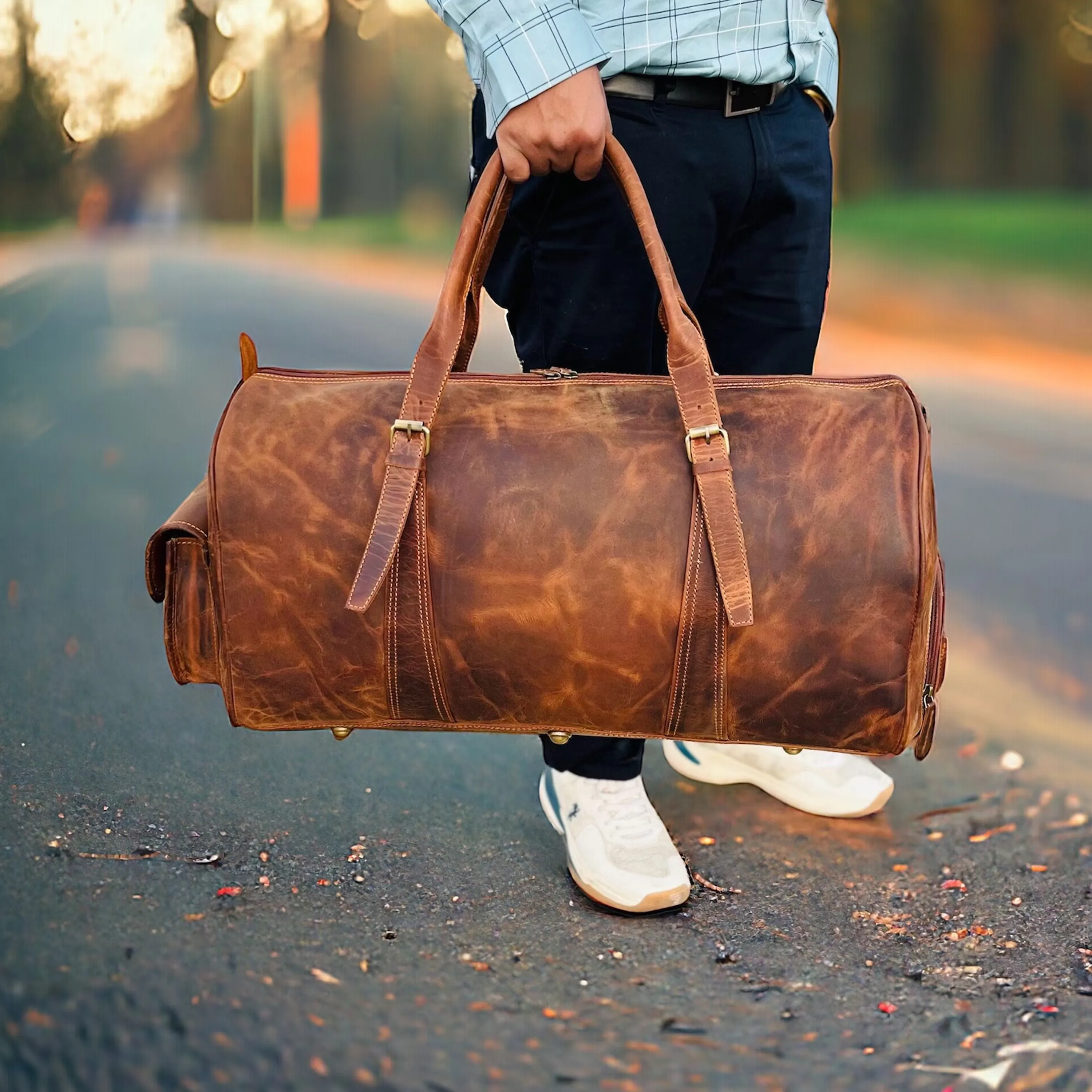 Dazzlo Leather Duffle Bag with Shoe Compartment - Brown - 18"/20"/22"/24"