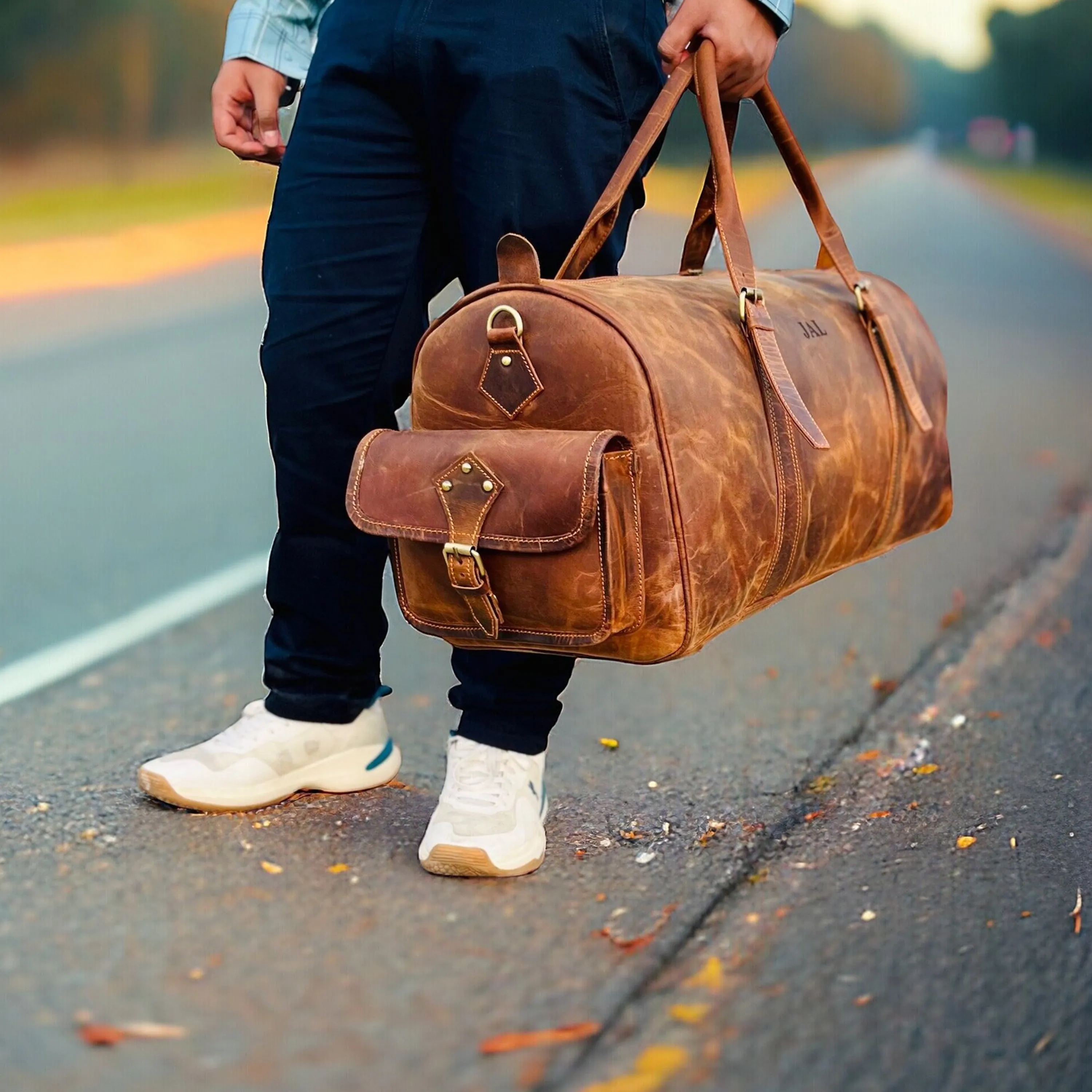 Dazzlo Leather Duffle Bag with Shoe Compartment - Brown - 18"/20"/22"/24"