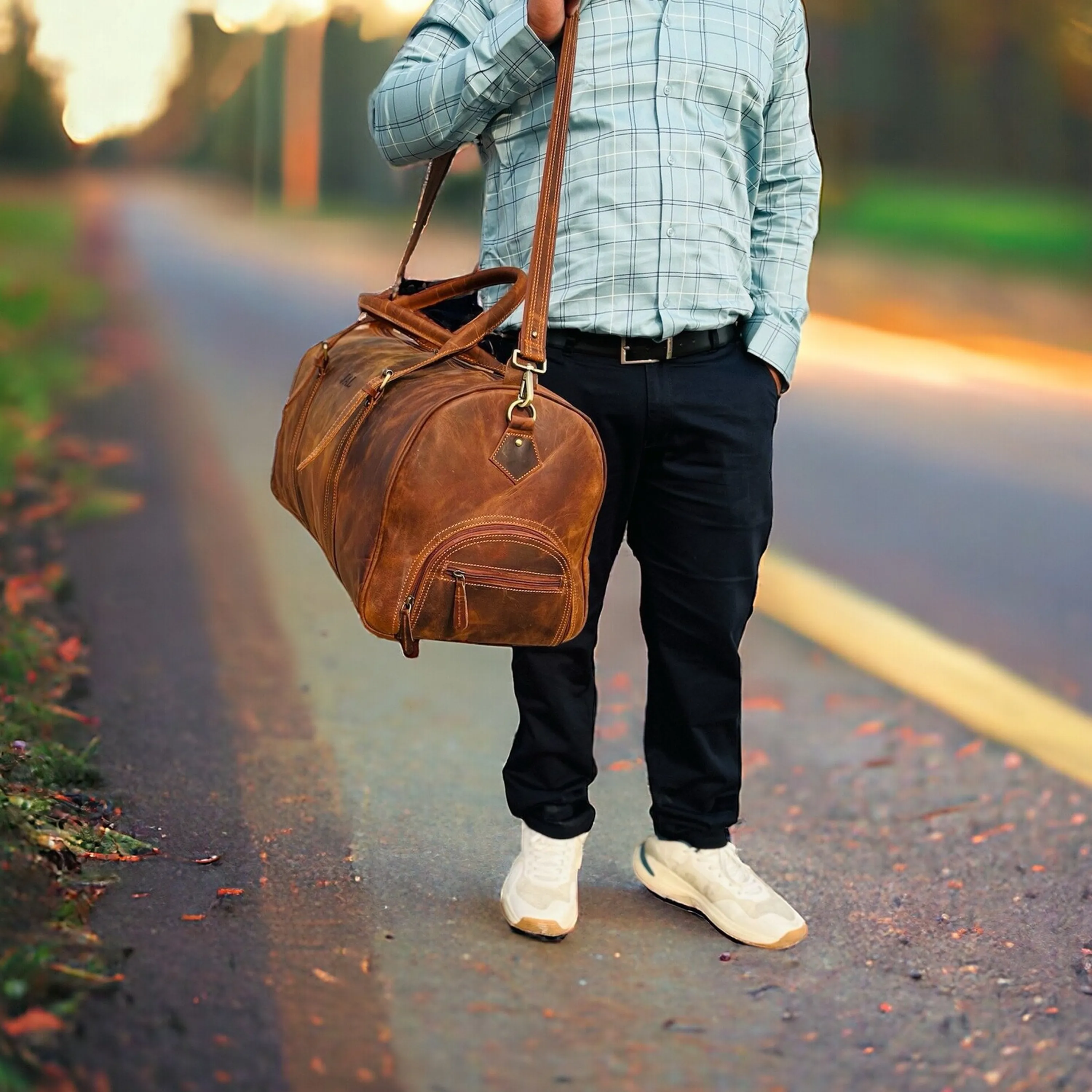 Dazzlo Leather Duffle Bag with Shoe Compartment - Brown - 18"/20"/22"/24"