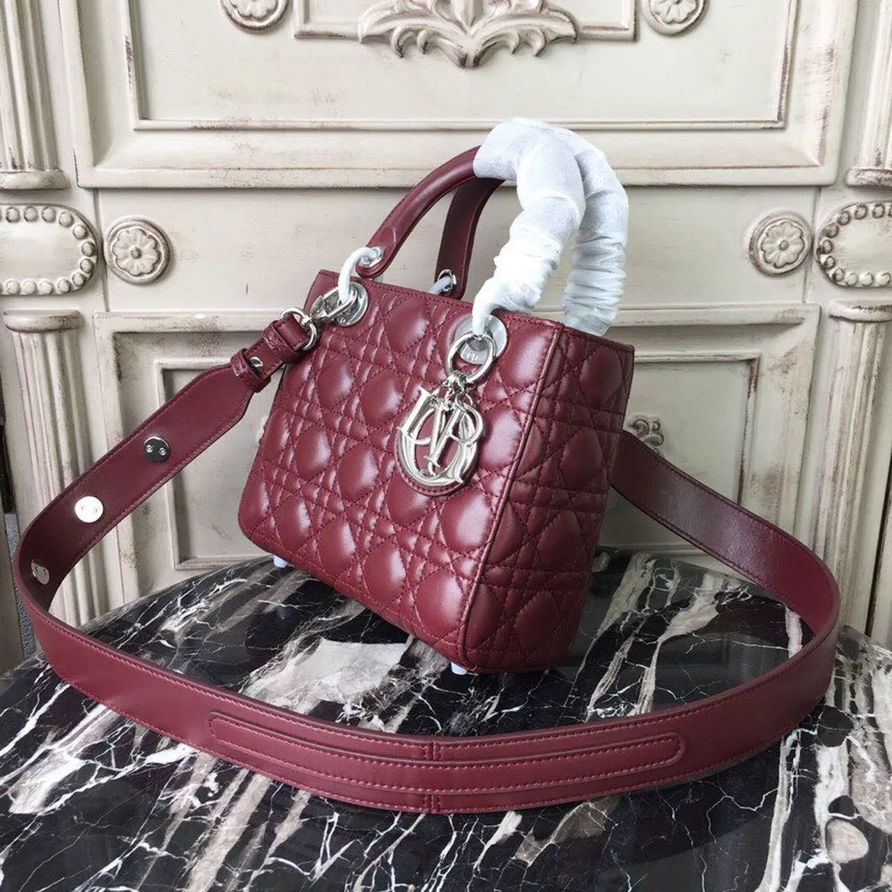 DI Small Lady Bag Silver Hardware Burgundy For Women 8in/20cm CD