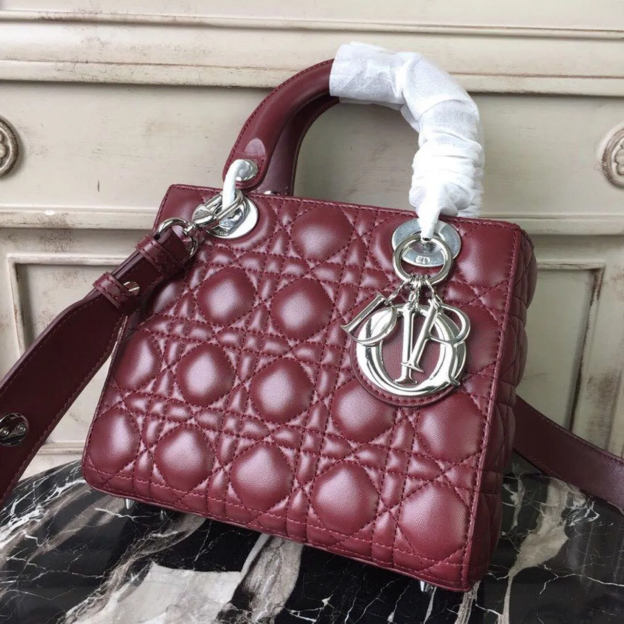 DI Small Lady Bag Silver Hardware Burgundy For Women 8in/20cm CD