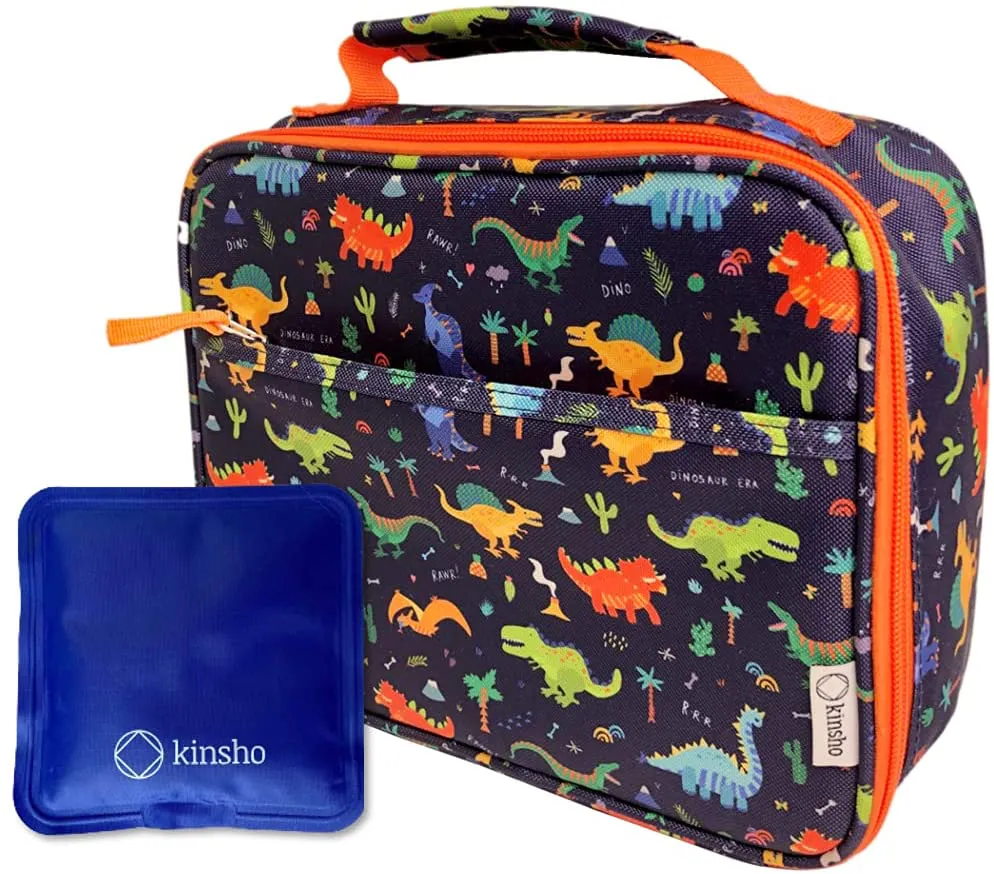 Dinosaur Lunch Box with for Boys with Ice Pack, Insulated Bag for Toddlers Kids Girls Baby Boy Daycare Pre-School Kindergarten, Container Boxes for Small Kid Snacks Lunches, BPA Free, Blue Orange Dino