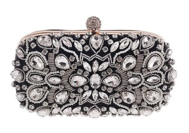 Female Luxury Simulated Diamond & Faux Pearls Floral Pattern PU Evening Clutches