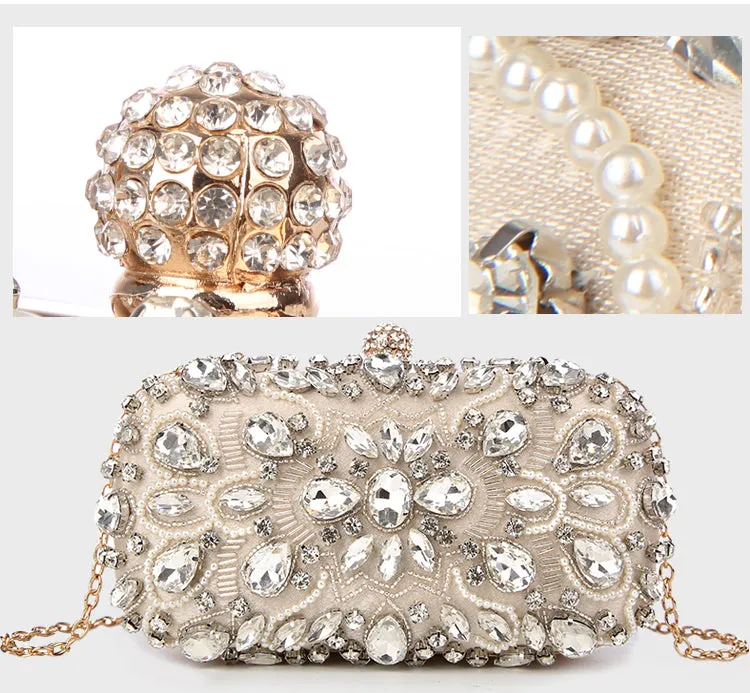 Female Luxury Simulated Diamond & Faux Pearls Floral Pattern PU Evening Clutches