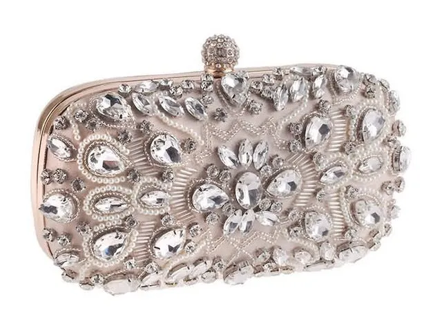 Female Luxury Simulated Diamond & Faux Pearls Floral Pattern PU Evening Clutches